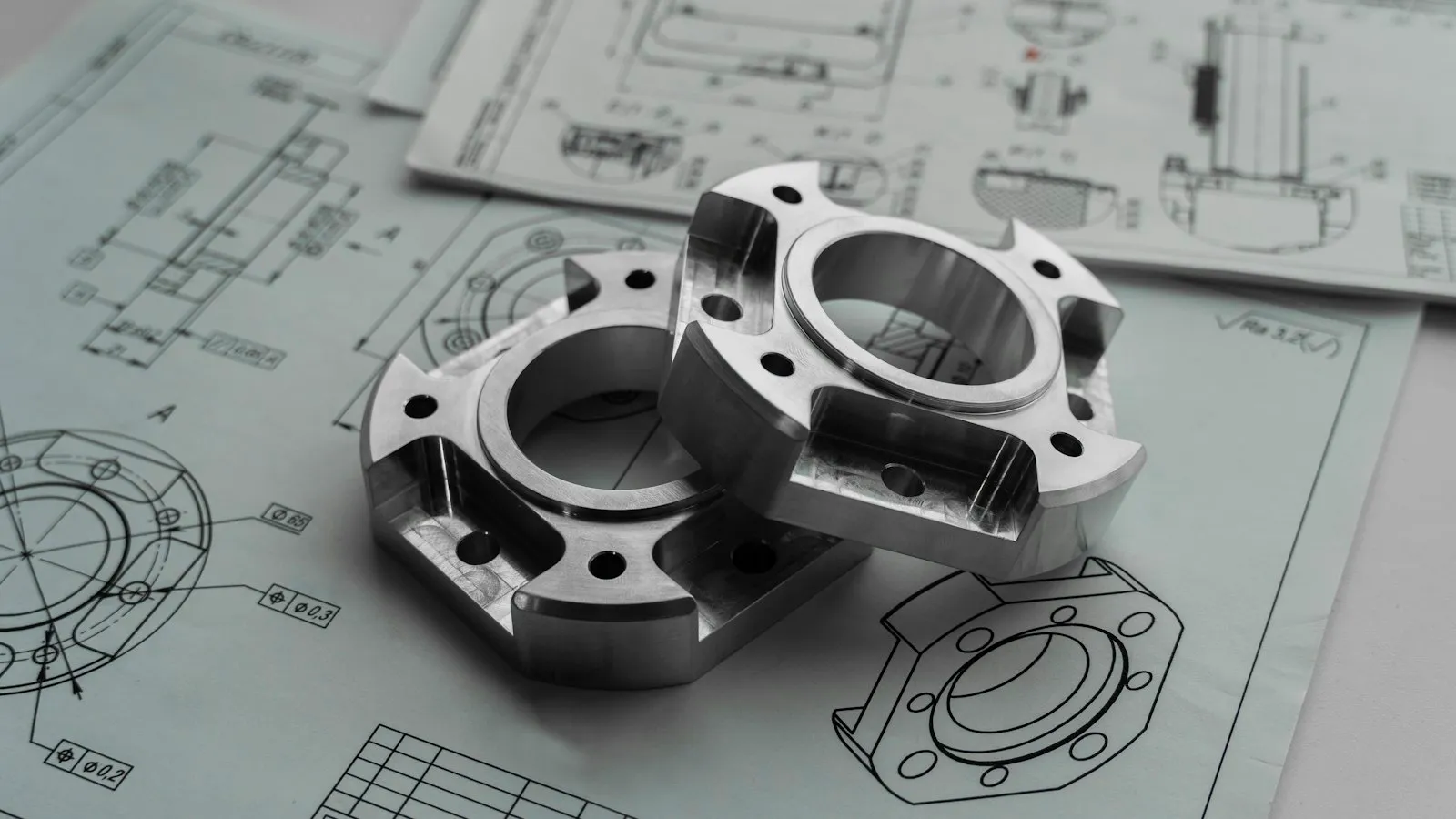 Machined metal parts laid on a technical drawing