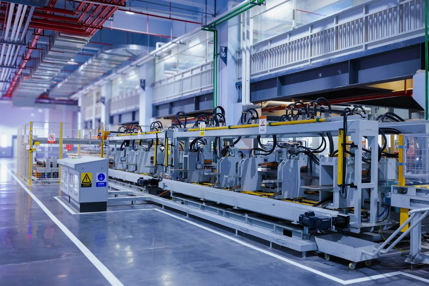 Industrial machine line inside a factory hall