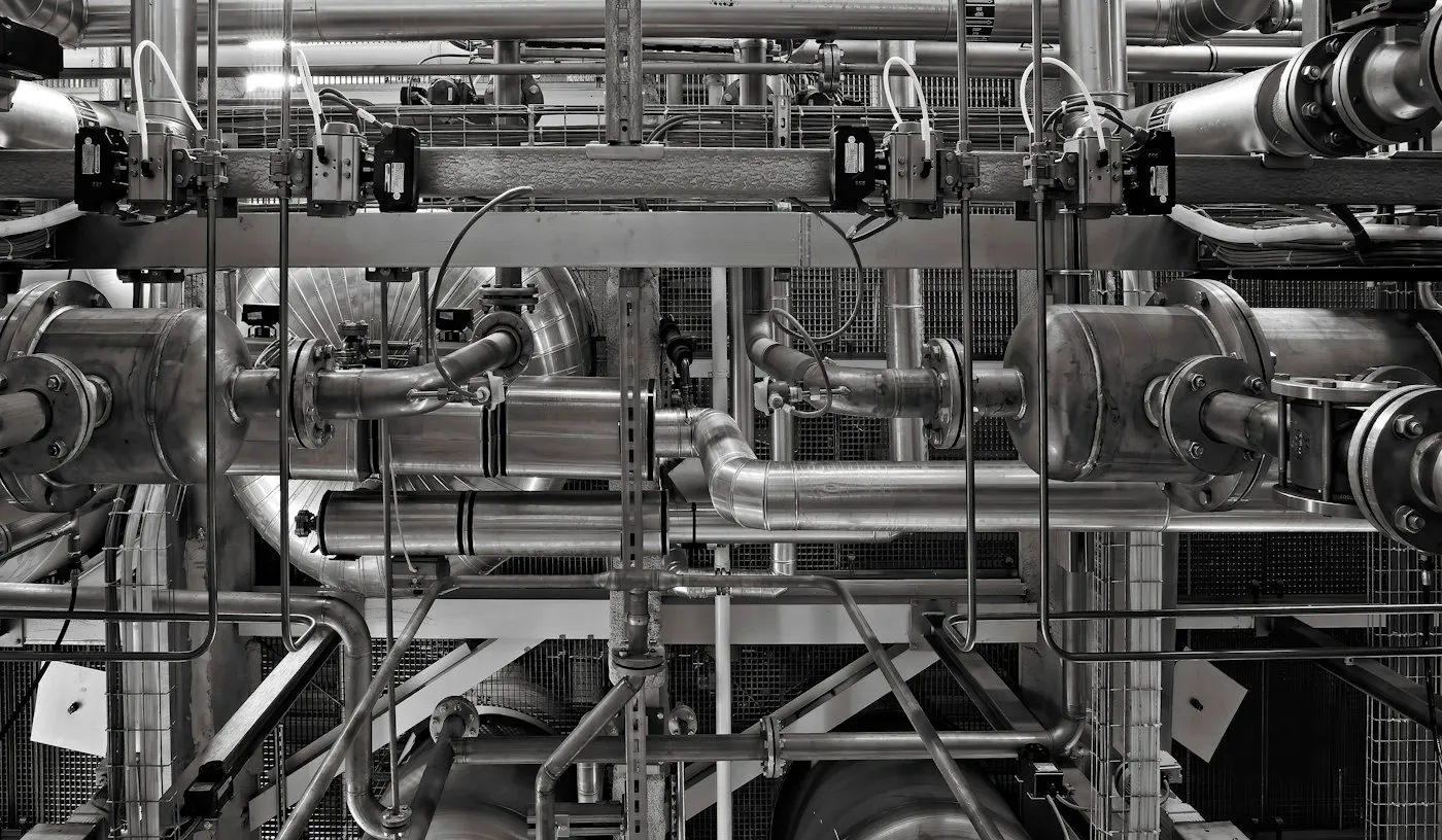 Industrial pipes and valves in a process plant