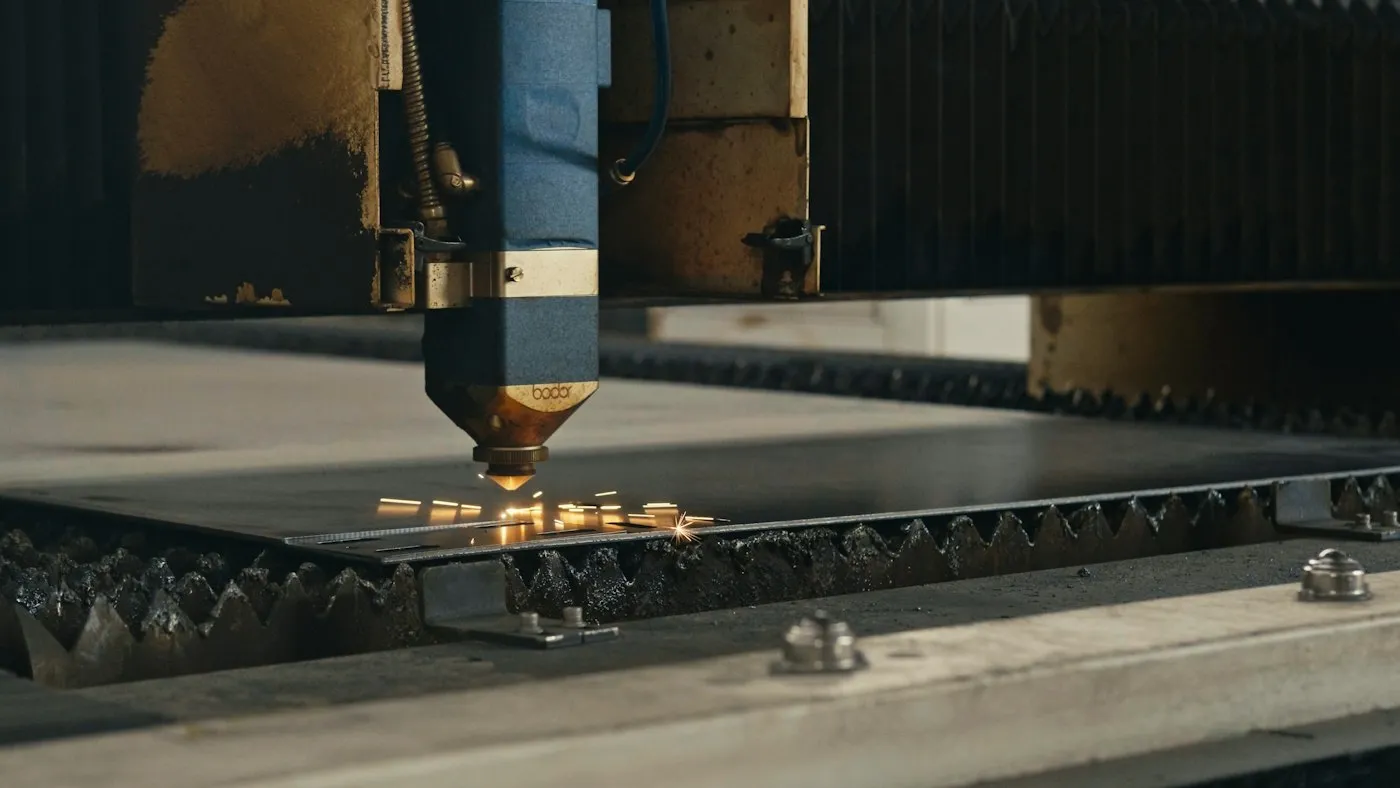 Laser cutting head over a steel sheet